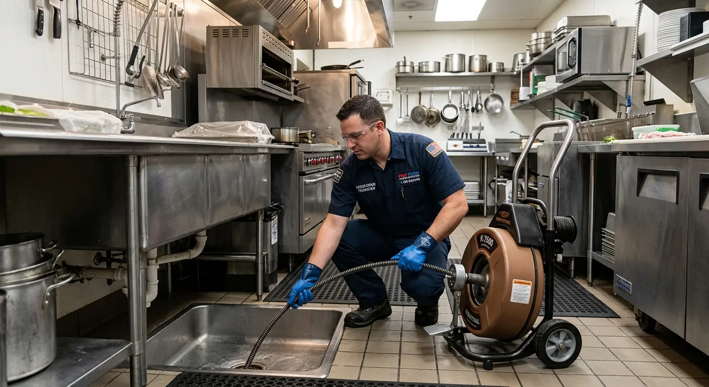 Commercial drain cleaning service in a restaurant kitchen in Xenia