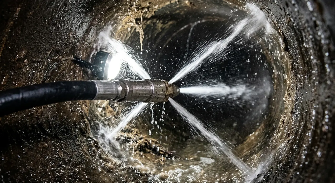 High-pressure hydro jetting nozzle cleaning sewer pipe for Trenchless Sewer Repair in Xenia